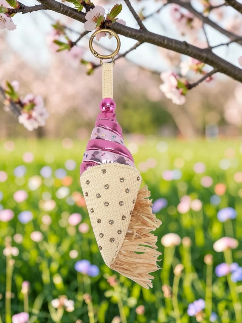 Kurt Geiger Pink Metallic Ice Cream Cone Keychain with Gold Ring